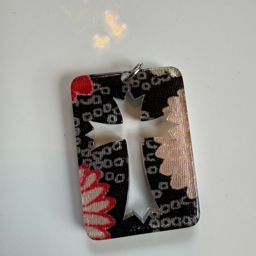 NWOT Cross pendant, lacquered kimono fabric
